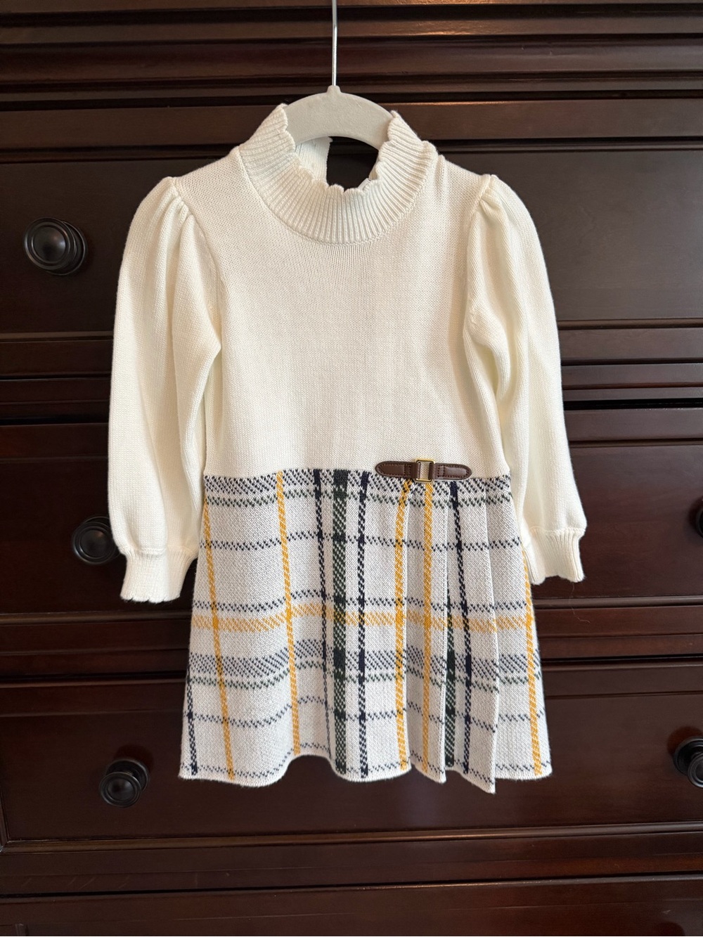 Janie and Jack Cream Knit Dress with Plaid Skirt and Belt Accent
